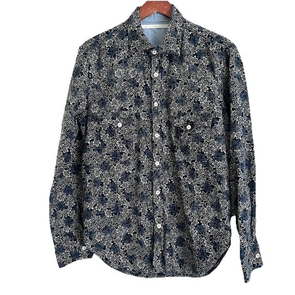Scarti Lab Mens Leaf Print Button Down Shirt Size L Blue